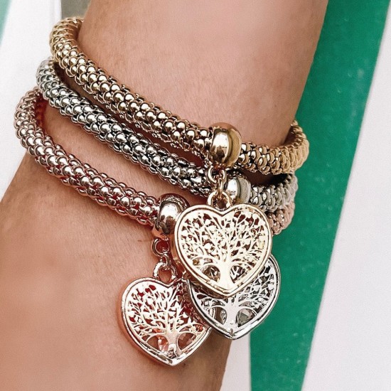 Three interconnected beaded bracelets in gold, silver, and rose gold tones, each with a dangling heart charm featuring a Tree of Life design.