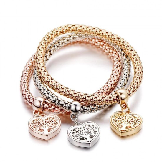 Three interconnected beaded bracelets in gold, silver, and rose gold tones, each with a dangling heart charm featuring a Tree of Life design.
