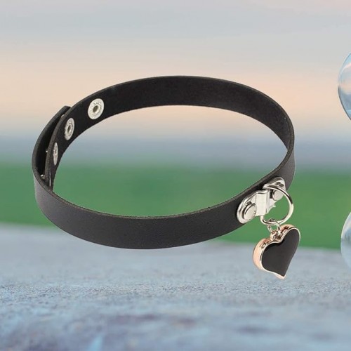 Black Leather Choker with Heart Padlock Pendant