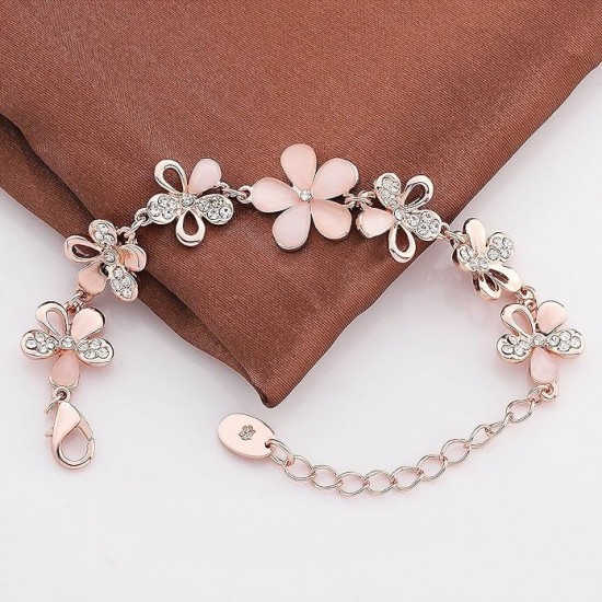 Rose Gold Bracelet With Pink Flowers And Rhinestones |image