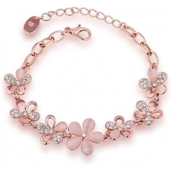 Rose Gold Bracelet With Pink Flowers And Rhinestones |image