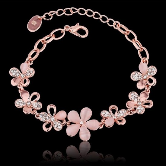 Rose Gold Bracelet With Pink Flowers And Rhinestones |image