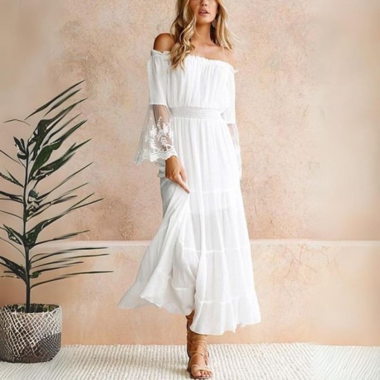 Sexy Women Maxi Long Dress - White, Off-The-Shoulder Lace Flare Sleeve Dress