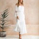 Sexy Women Maxi Long Dress - White, Off-The-Shoulder Lace Flare Sleeve Dress