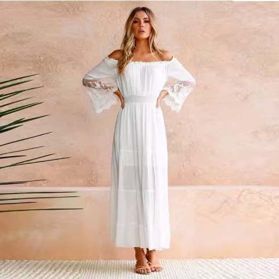 Sexy Women Maxi Long Dress - White, Off-The-Shoulder Lace Flare Sleeve Dress