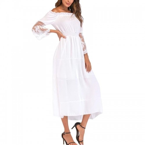 Sexy Women Maxi Long Dress - White, Off-The-Shoulder Lace Flare Sleeve Dress