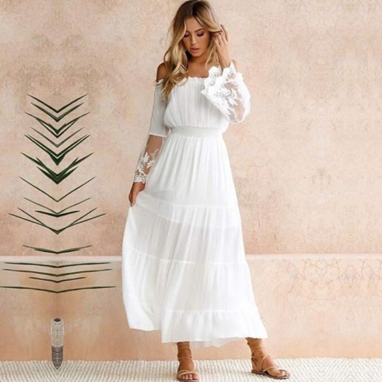 Sexy Women Maxi Long Dress - White, Off-The-Shoulder Lace Flare Sleeve Dress