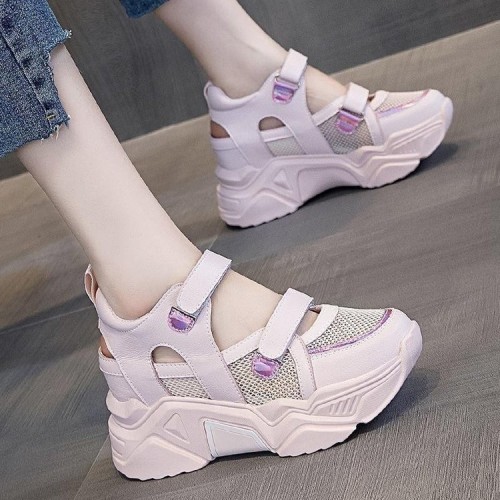Platform Wedge Thick Sole Lace Up Mesh Women Sneakers - Pink |image