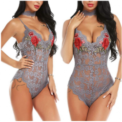 Perfect Lace See-through Embroidery Rose One-piece Lace Bodysuit - Grey
