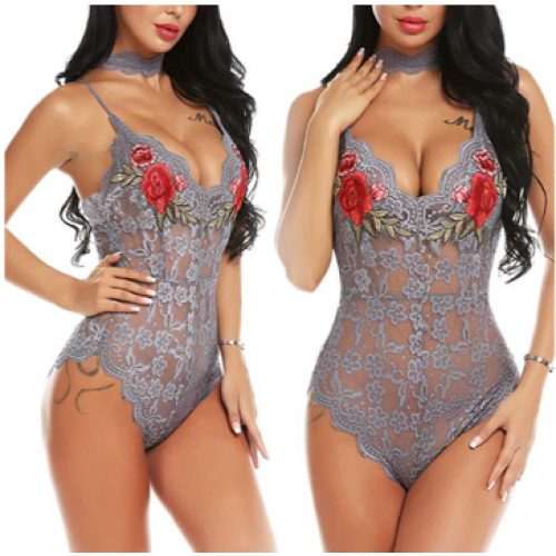 Perfect Lace See-through Embroidery Rose One-piece Lace Bodysuit - Grey |image