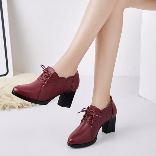 Comfortable Lace Up Squire Chunky High Heel Women Shoes - Red |image