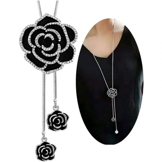 Black Fashion Long Chain Black Rose Pendant-Silver |image