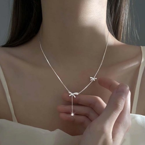 Silver Color Zircon Bow Necklace Chain Beauty Tears Pendant  |image