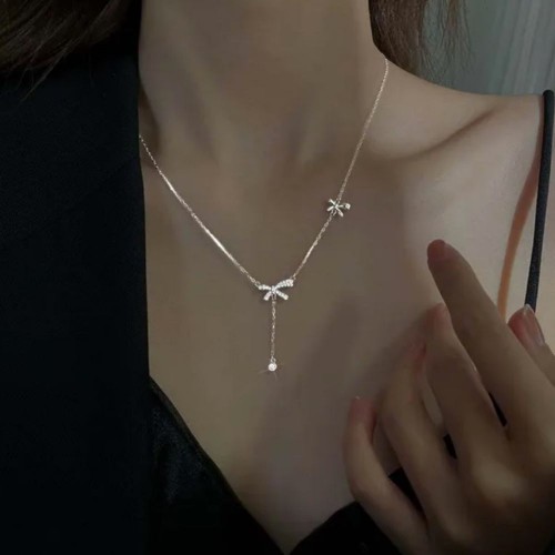 Silver Color Zircon Bow Necklace Chain Beauty Tears Pendant  |image