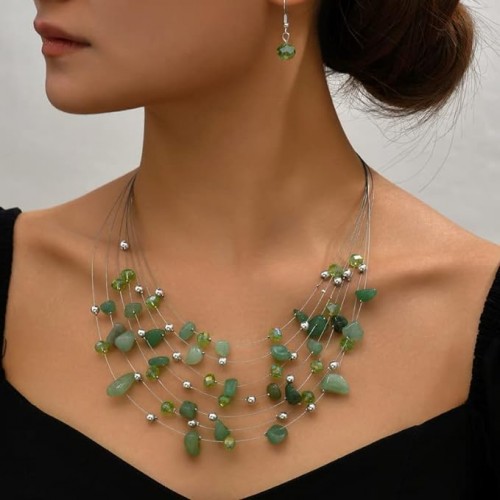 Bohemian Multi Layer Crystal Necklace Set For Women-Green |image