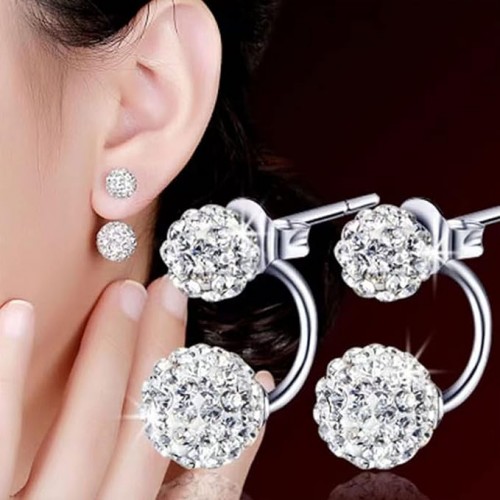Sterling Silver Double Ball Earrings Chic Round Rhinestones Crystal Ear Studs |image