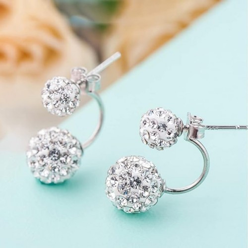 Sterling Silver Double Ball Earrings Chic Round Rhinestones Crystal Ear Studs |image