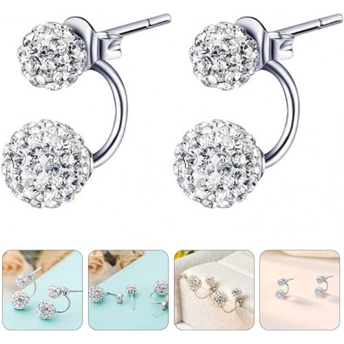Sterling Silver Double Ball Earrings Chic Round Rhinestones Crystal Ear Studs |image