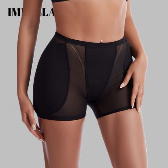 Woman in form-fitting dress, wearing butt lifter panties with enhancing pads for a lifted and rounded backside Women Padded Panties Slimming Underwear Body Shapewear-Black |image