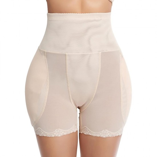 Biege high-waisted shaper shorts with lace detailing Shapewear Tummy Control Padded Underwear Fake Hips-Biege |image