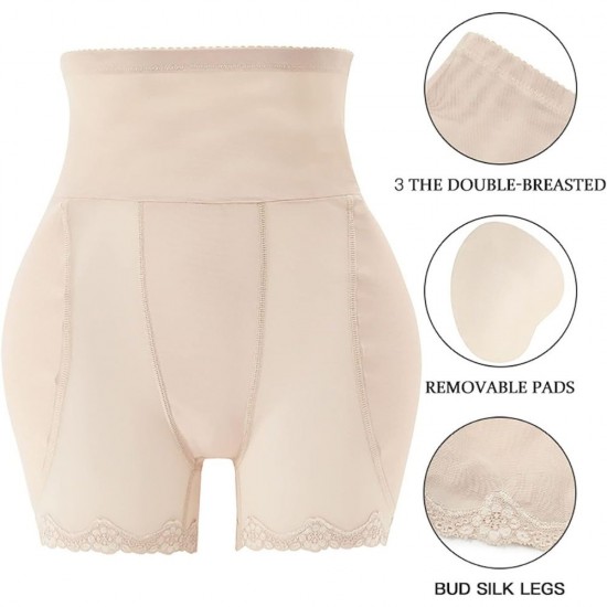 Biege high-waisted shaper shorts with lace detailing Shapewear Tummy Control Padded Underwear Fake Hips-Biege |image