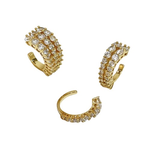 Gold Hoop Earrings with Diamonds And Earring Cuff 3 PCS |image