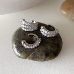 Silver Hoop Earrings with Diamonds And Earring Cuff 3 PCS