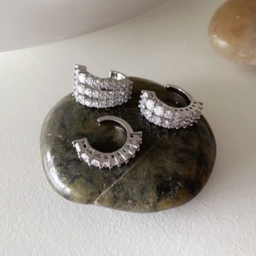 Silver Hoop Earrings with Diamonds And Earring Cuff 3 PCS |image