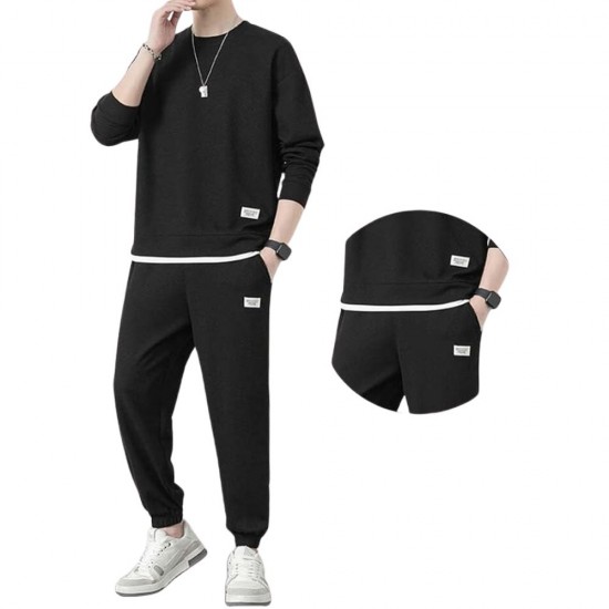 Men's waffle knit tracksuit displayed on a hanger. The tracksuit consists of a waffle knit jacket and matching waffle knit joggers. Men's Waffle Tracksuit For Spring & Autumn (2Pcs) Black |image
