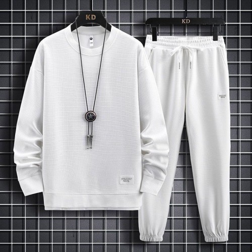 Men's Waffle Tracksuit For Spring & Autumn (2Pcs) White |image