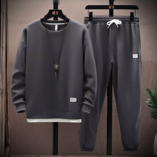 Men's Waffle Tracksuit For Spring & Autumn (2Pcs) -Dark Grey |image