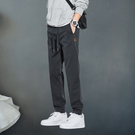 Men's model wearing comfortable elastic waist straight leg trousers Men's Casual Pants Elastic Waist Straight Legging Trouser - Dark Grey |image