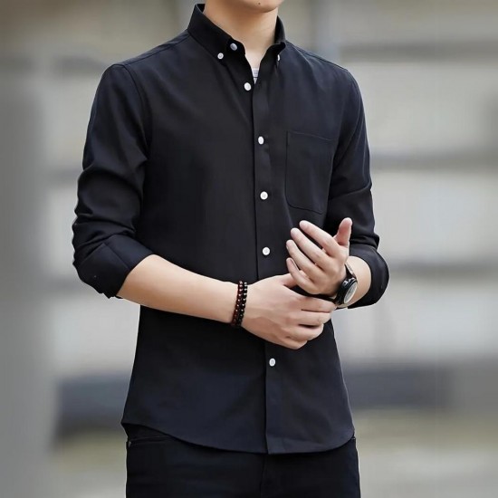 Men's Long Sleeved Casual Thin Oxford Shirt - Black |image