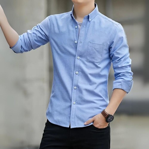 Men's Long Sleeved Casual Thin Oxford Shirt - Light Blue |image