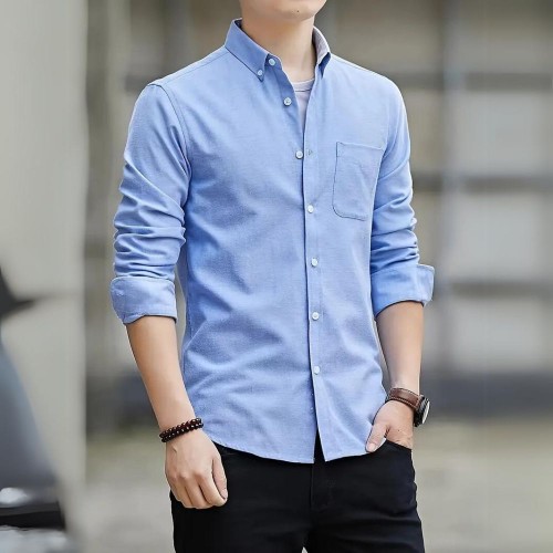 Men's Long Sleeved Casual Thin Oxford Shirt - Light Blue |image