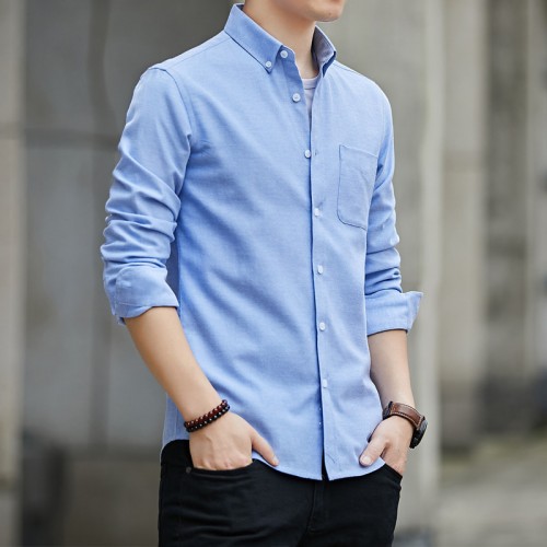 Men's Long Sleeved Casual Thin Oxford Shirt - Light Blue |image