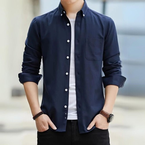Men's Long Sleeved Casual Thin Oxford Shirt - Navy Blue |image