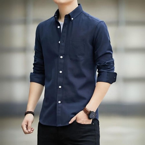 Men's Long Sleeved Casual Thin Oxford Shirt - Navy Blue |image