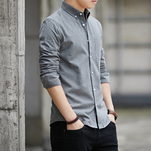 Men's Long Sleeved Casual Thin Oxford Shirt - Grey |image