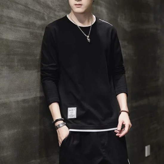 Male model wearing a trendy black cotton crewneck sweatshirt in a casual setting Trendy Cotton Sweatshirts For Men White Color Round Neck Long Sleeve - Black |image