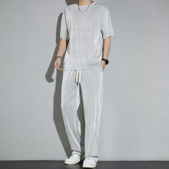 Male model wearing a casual tracksuit set with a round neck top and comfortable bottoms Men's Tracksuits Casual Set Sports Round - Grey |image