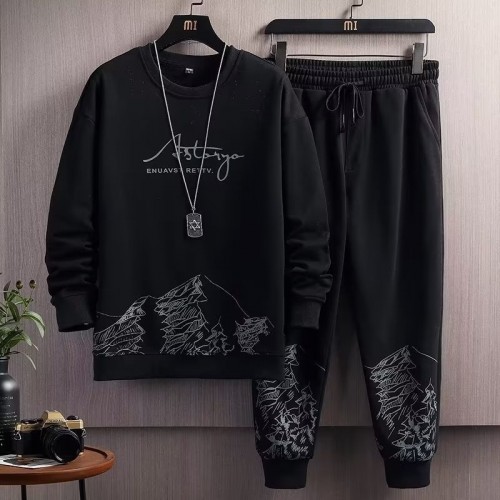 Men's Black Color Tracksuits Casual 2 Piece Set |image