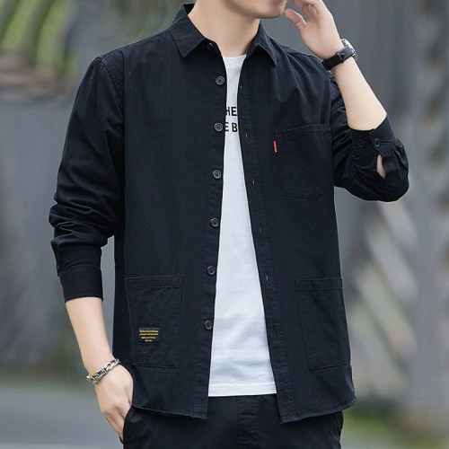 Men's Long Sleeves Cotton Shirt With Turn Down Collar - Black |image