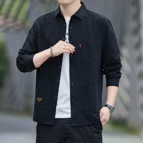 Men's Long Sleeves Cotton Shirt With Turn Down Collar - Black |image
