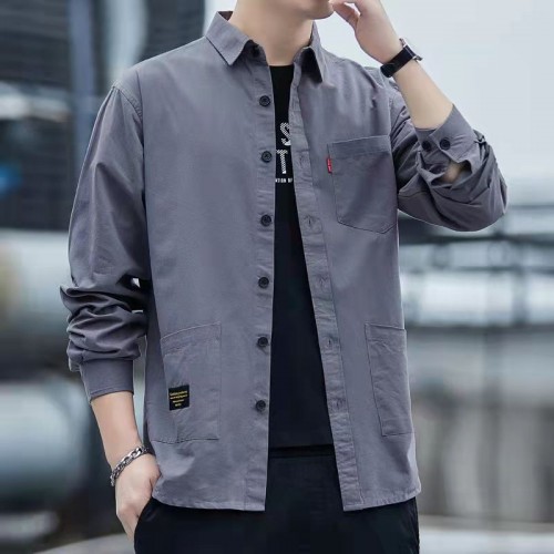 Men's Long Sleeves Cotton Shirt With Turn Down Collar - Dark Grey |image