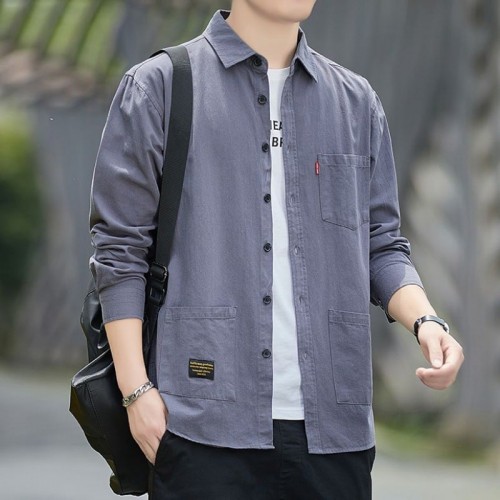 Men's Long Sleeves Cotton Shirt With Turn Down Collar - Dark Grey |image