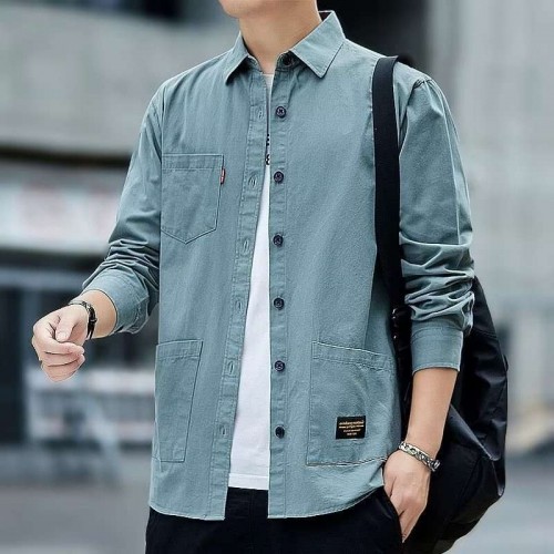 Men's Long Sleeves Cotton Shirt With Turn Down Collar - Light Blue |image