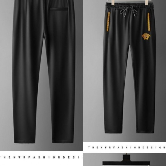 Men's Black Versace tracksuit modeled on a man, featuring a gold medusa logo embroidered on the chest. Luxury Style Men's Black & Gold Tracksuit |image