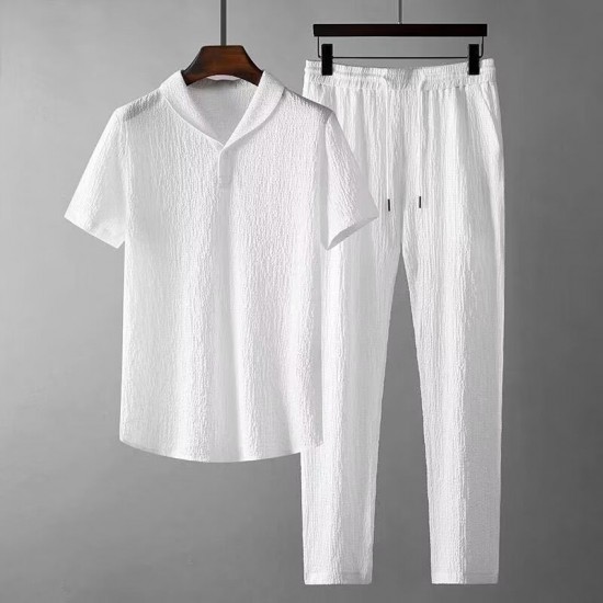 Men's summer suit with a loose-fitting short sleeve shirt and pants, modeled on a man. New Men's Fashion Classic Shirt Trousers Set - White |image