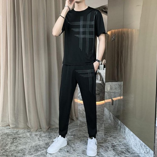 Men's Sports Short Sleeve Pants Two Piece Round Neck Tracksuit - Black |image